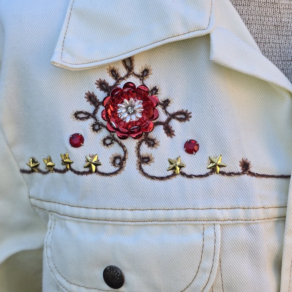 Western Jacket Womens Medium White Embroidered Floral Sequin Stud Button Up - Picture 6 of 16